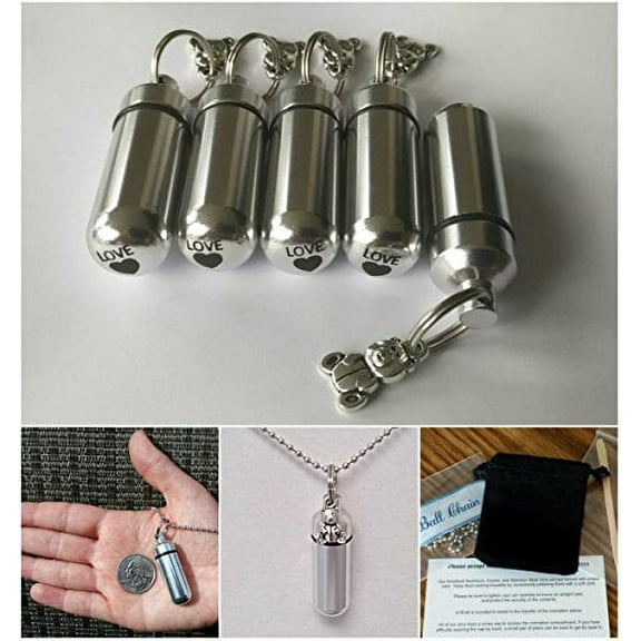 Family Set of FIVE - TEDDY BEAR Personal CREMATION URN Keepsakes with Laser Engraved Heart - Includes Velvet Pouches 24" Ball-Chains & Fill Kit