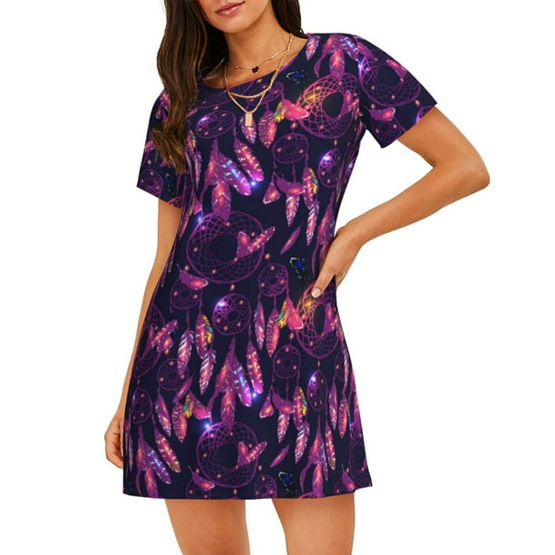 Fotbe Purple Dreamcatcher Bata de Dormir para Mujer con Estampado, Camisón de Algodón de Manga Corta, Ropa de Dormir Casual