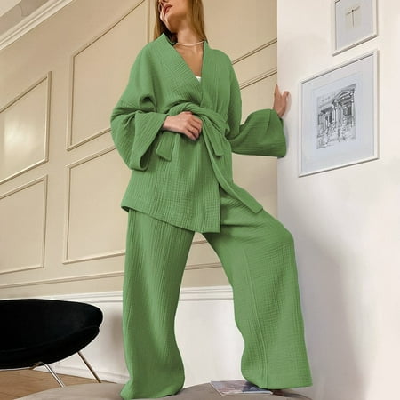 

Kimono Pajamas 2023 New 100% Cotton Crepe Long-Sleeved Trousers Ladies Sleepwear Suit Women s Home Service Mujer
