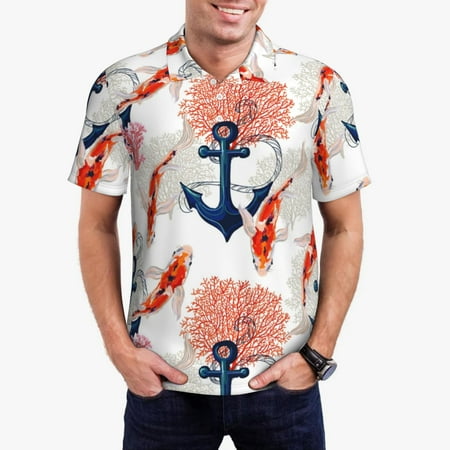 Goofa Koi Fish And Corals Print Mens Polo Shirts Quick Dry Short Sleeve Golf T Shirt Performance Moisture Wicking Casual Workout-XX-Large