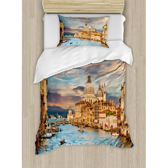Venice Duvet Cover Set, Gondola on Famous Canal Grande with Water View in the Evening Italian City, Decorative 2 Piece Bedding Set with 1 Pillow Shams, Twin Size, Sky Blue Champagne, by Ambesonne