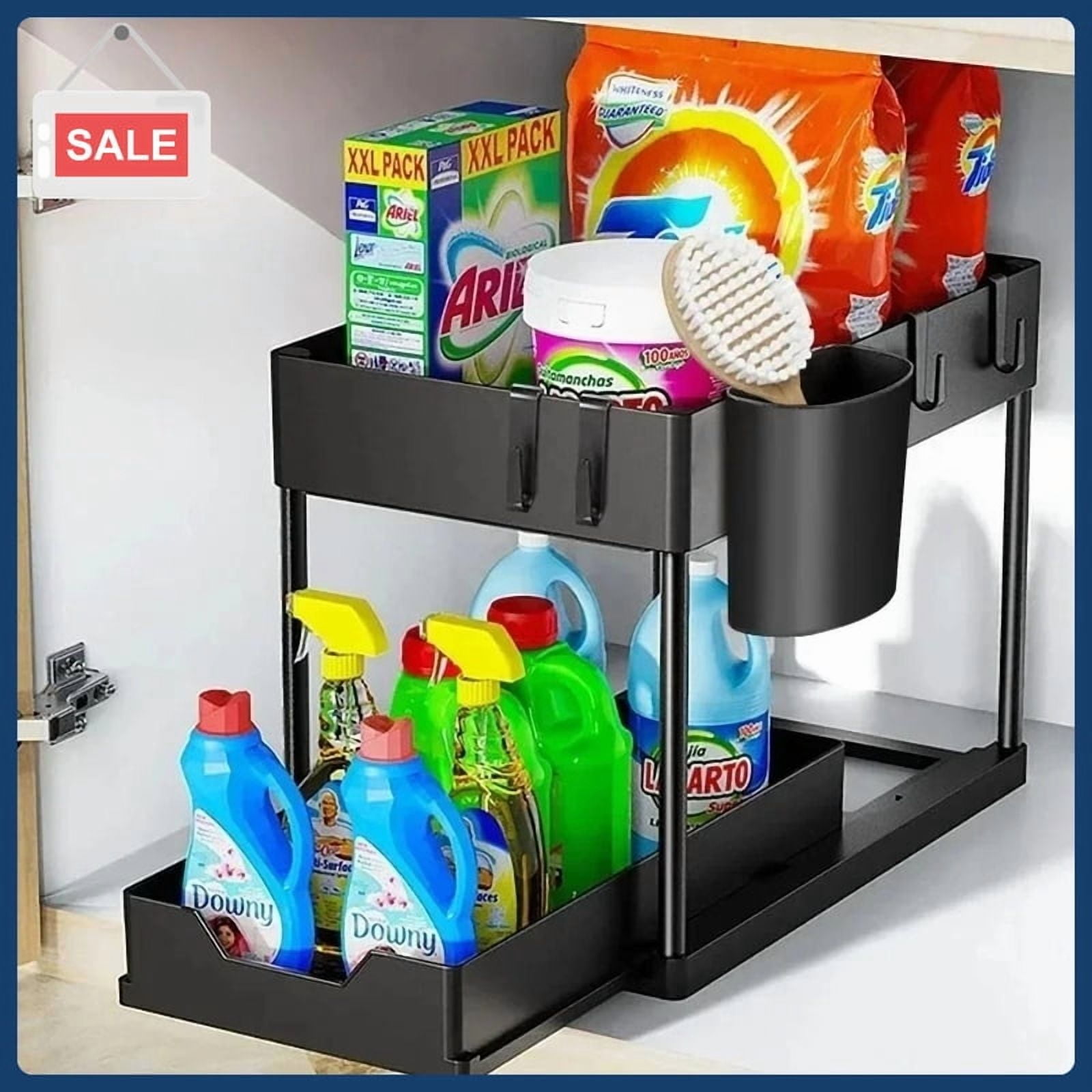 2 Tier Under Sink Organizer Sliding Cabinet Basket with Hooks Hanging Cup - New Bathroom Kitchen Space-Saving Rack
