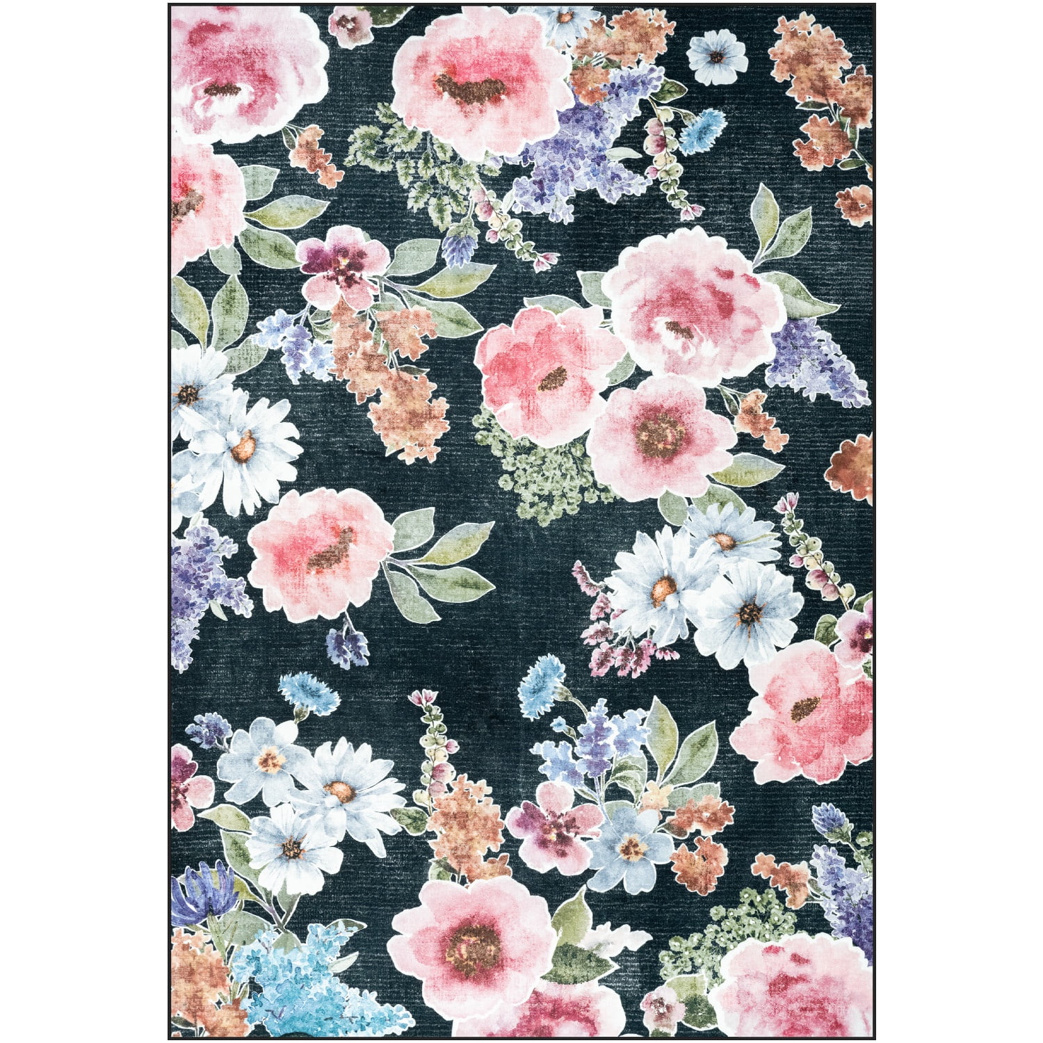 Wondo 5x8 Washable Floral Rug, Bright Floral Pattern Bohemian Rug for Bedroom, Low Pile Non-Slip Decorative Rug for Living Room, Kids Room, Office, Dining Room, Black