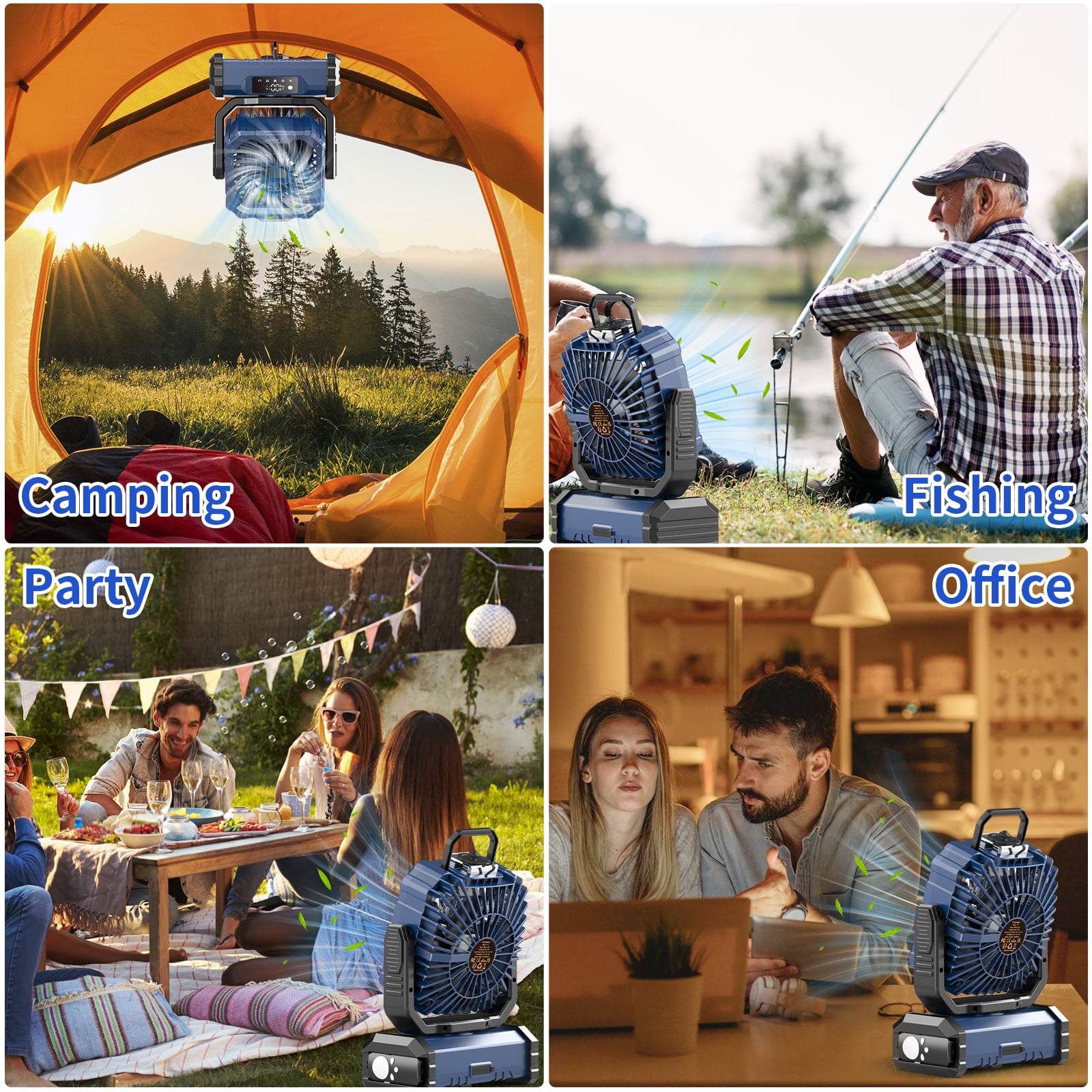 Camping Fan with LED Light, 20000mAh Battery Operated Rechargeable Camping Misting Fan with Hanging Hook, Outdoor Tent Cooling Mist Fans for Home, Office, Car RV, Garden, Travel, Beach - Blue