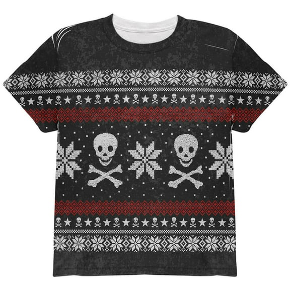 Ugly Christmas Sweater Pirate Skull and Crossbones All Over Youth T Shirt Multi YLG