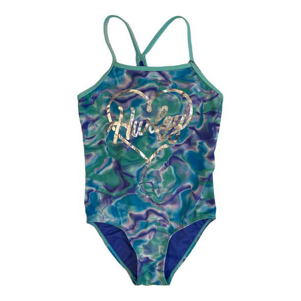 Hurley Girl's UPF 50+ OnePiece Quick Dry Swimsuit (Blue Tie Dye, 10/12