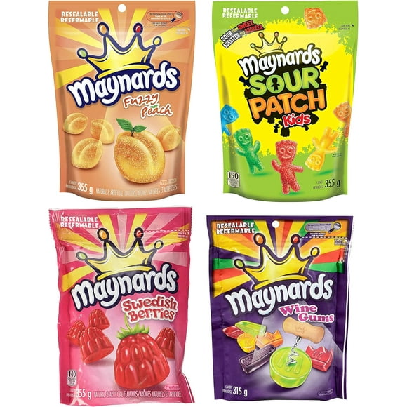 Maynards Fuzzy Peach, Wine Gums, Swedish Berries, Sour Patch Kids Candy - 355g - 4 Pack Value Bundle (4 total bags of candy) - Sweet, Sour, Fruity, Peach, Berry, Wine Gum