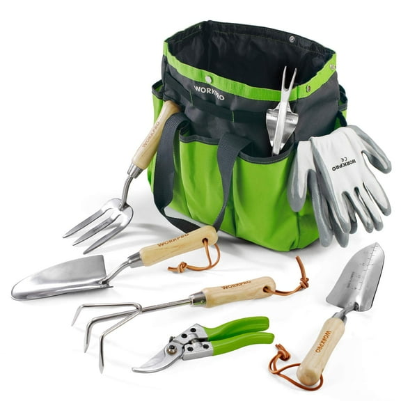 WORKPRO Garden Tools Set, 7 Piece Stainless Steel Heavy Duty Gardening Tools with Wooden Handle