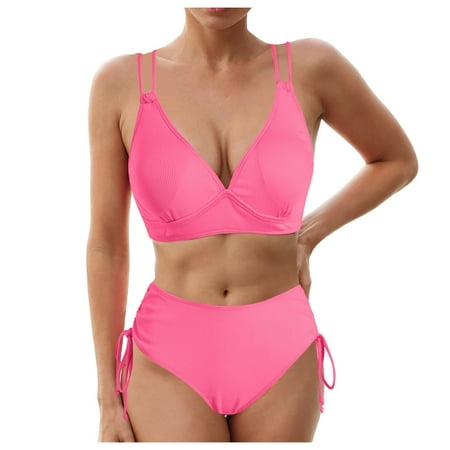 Gubotare Bathing Suits for Women 2 Piece Swimsuit for Women Women s Twist Front High Waisted Bikini Swimsuit Drawstring Tie Side Bottom Two Piece Bathing Suit (Hot Pink S)