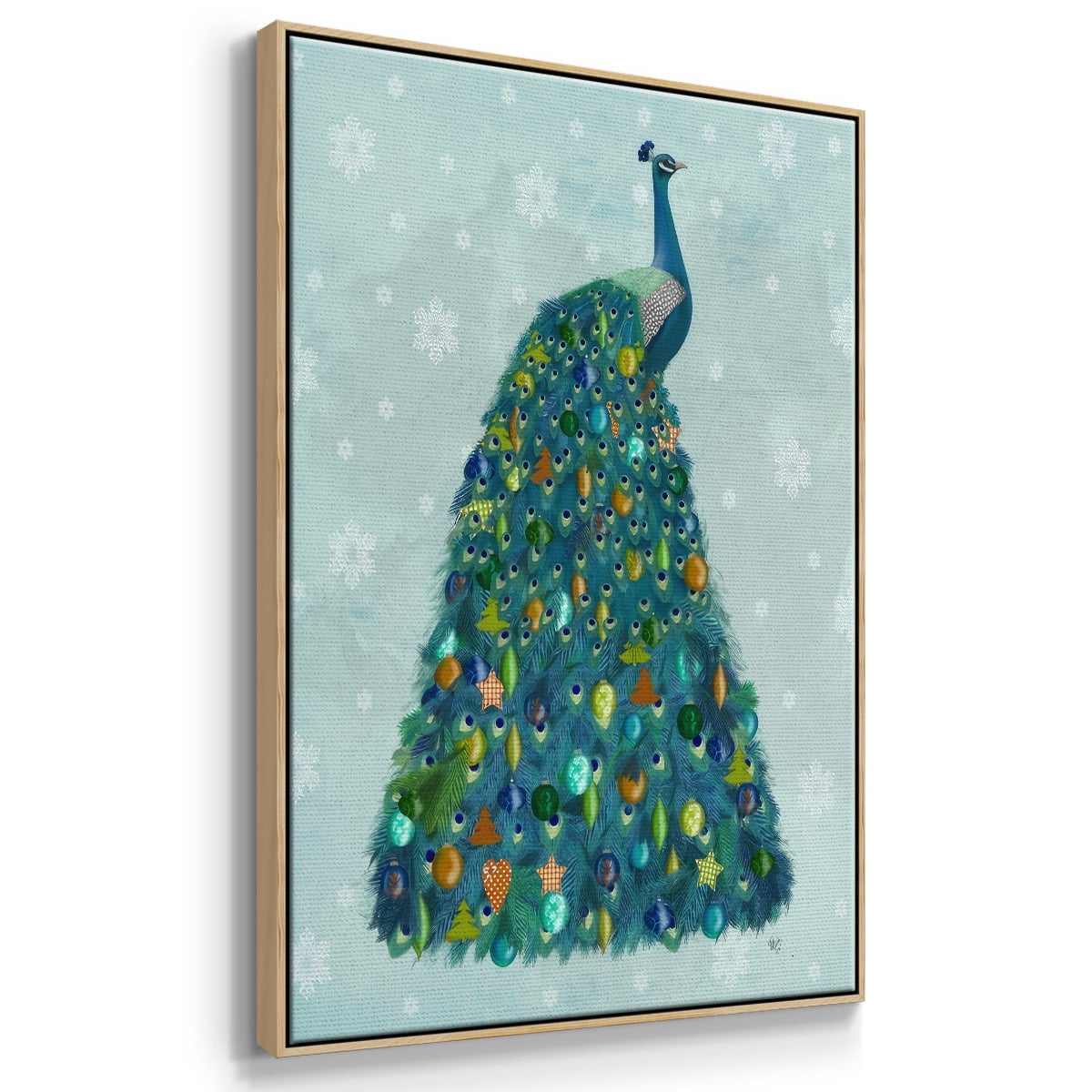 Christmas Peacock Christmas Tree - Framed Gallery Wrapped Holiday Canvas - 27 x 41 - Natural Wood Frame