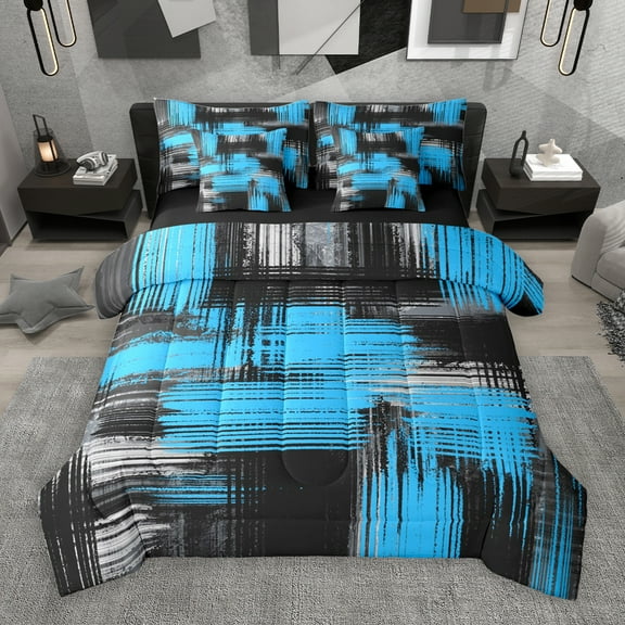 Manfei Abstract Graffiti Art 7-Piece Twin Bedding Sets,Oil Painting Bedding Comforter Set,Gradient Blue Black Gray Sheet Sets For Child,Microfiber Bedroom Decor Reversible