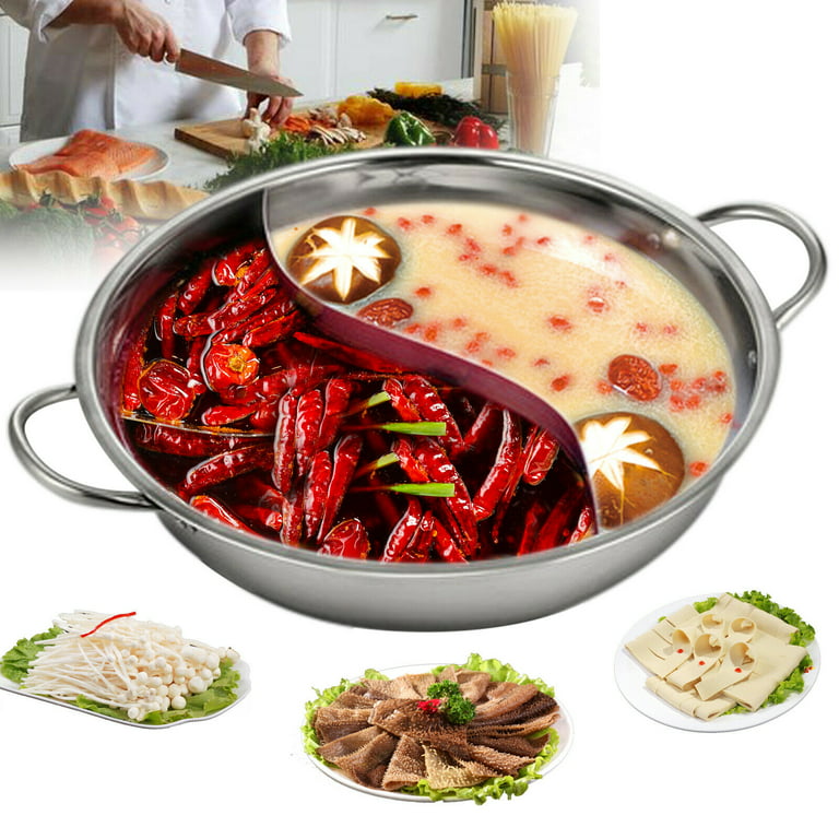 DENEST 12'' Shabu Hot Pot Dual Site Divider Stainless Steel with Glass Lid