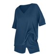 thumbnail image 5 of Women's 2 Piece Summer Outfit Set, Casual Oversized V Neck T-Shirt & High Waisted Biker Shorts, Lounge Wear Shorts Set, Workout Yoga Clothes Blue M, 5 of 7