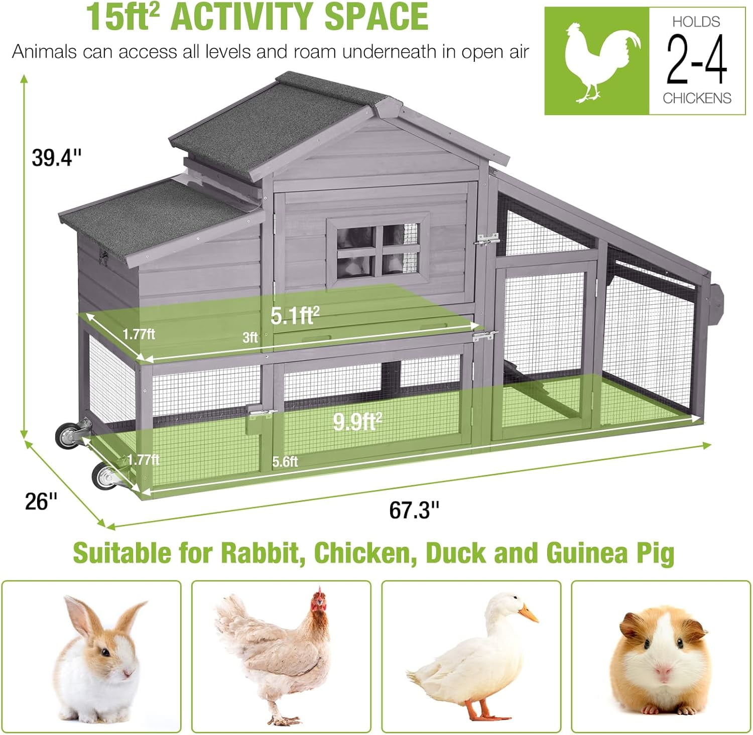 Chicken Coop Mobile Chicken House On Wheel Outdoor Rabbit Hutch for 2-4 Chickens 67"