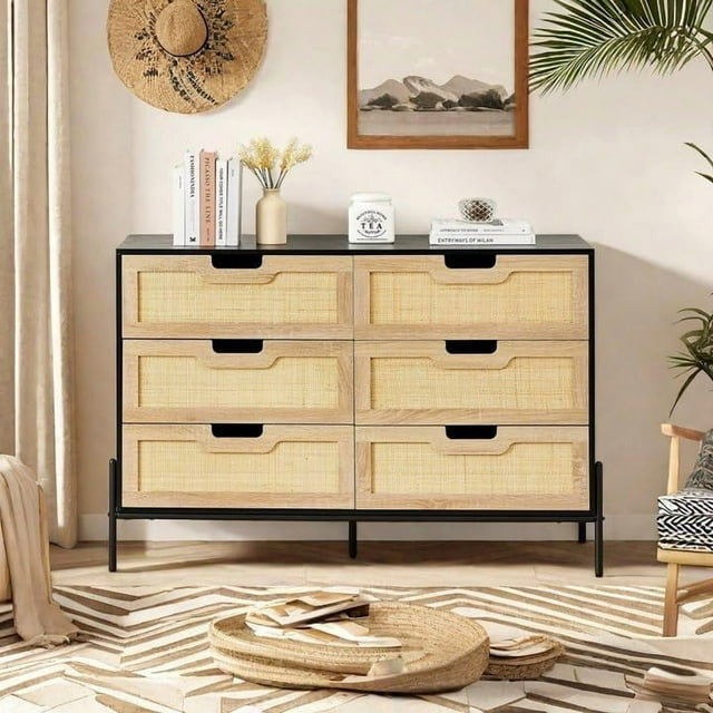 DSstyles Commode à 6 Tiroirs pour Chambre, Commode Haute avec Tiroirs en Rotin Naturel, Commode Moderne Style Ferme avec Armoire de Rangement, Commode en Bois pour Garde-Robe pour Salon, Chambre de Bébé, Entrée