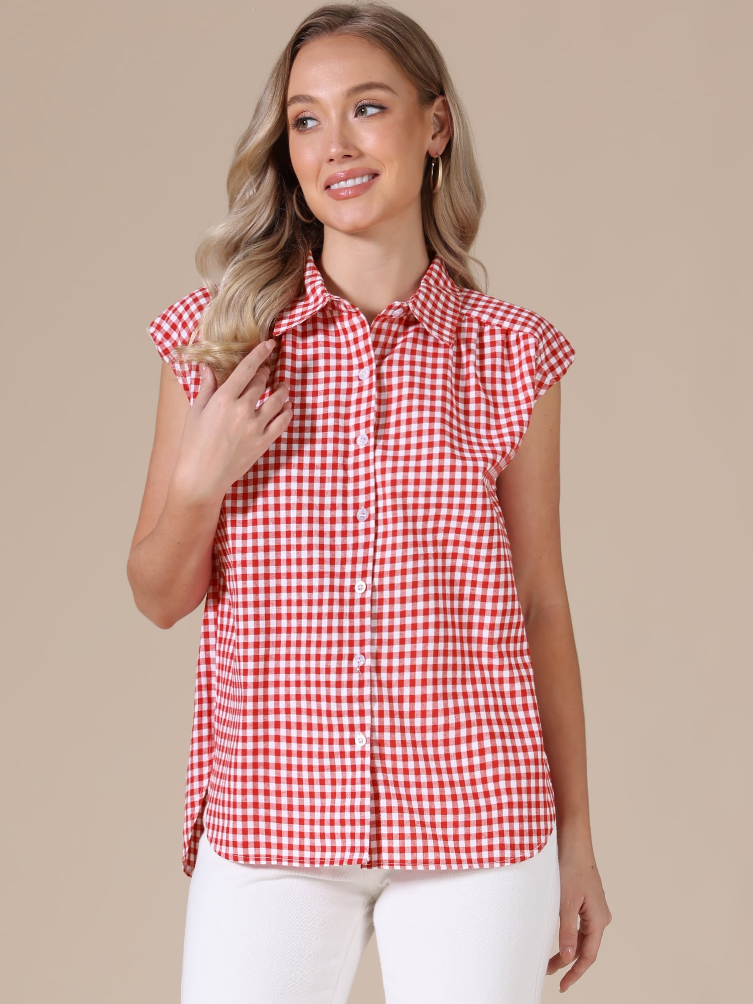 DARING DIVA Women's Gingham Top Work Cap Sleeve Vintage Plaid Button Down Shirts M Red