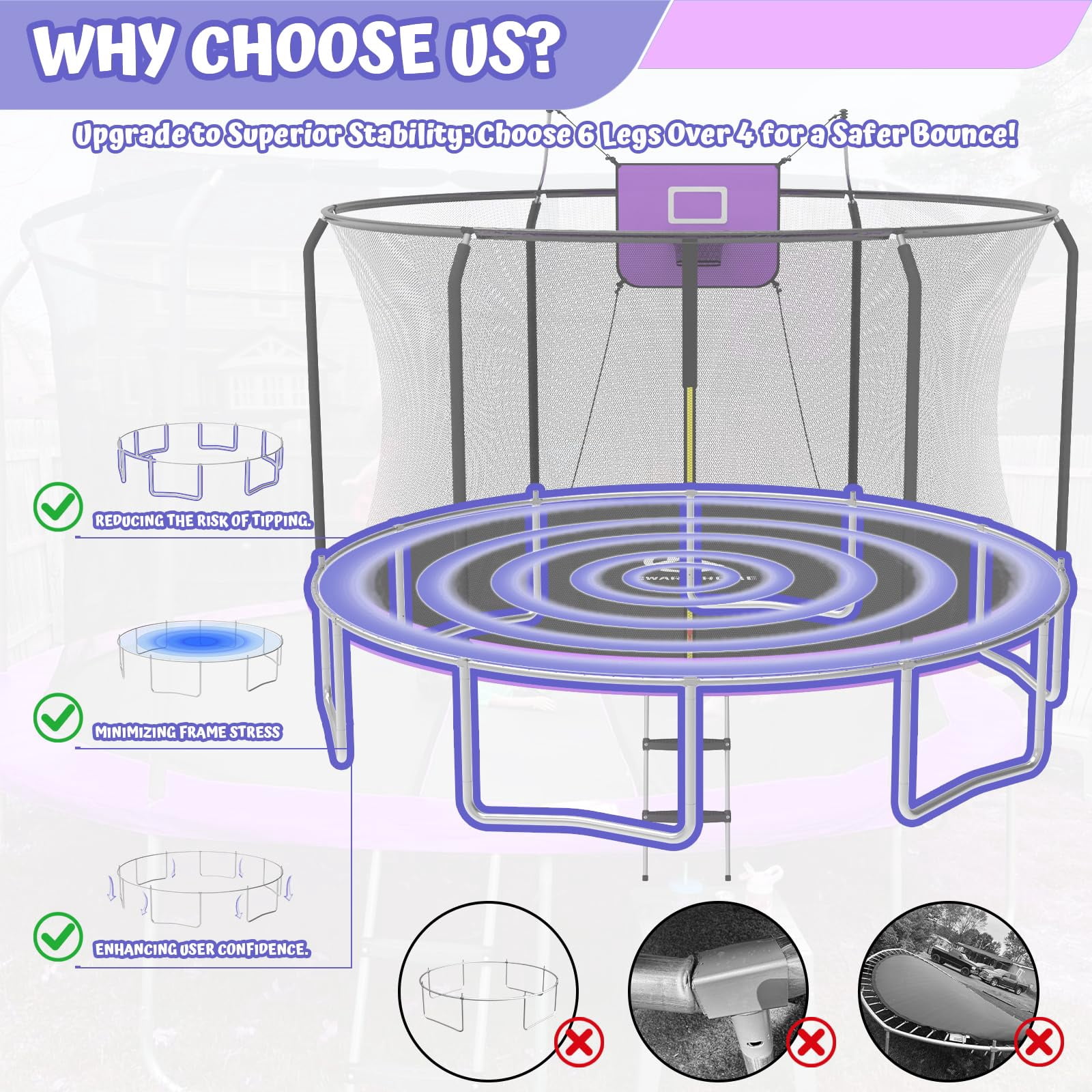 ACWARM HOME 2025 NewTrampoline 15FT Premium Purple Trampoline with Basketball Hoop and LED Lights Recreational Trampolines for Kids and Adults with Net and Ladder