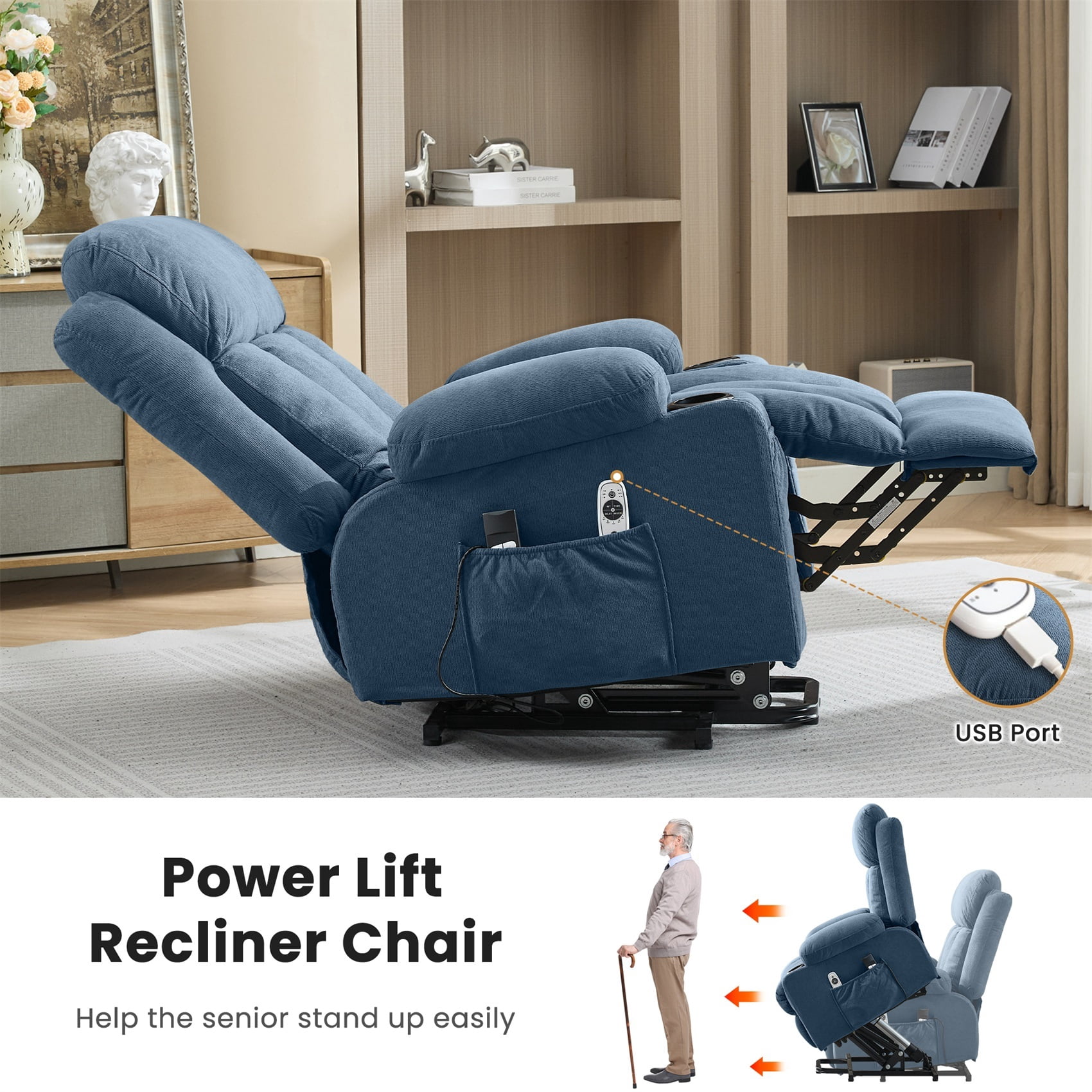 Alvantor Power Lift Recliner Chair for Elderly with Heat and Massage Single Sofa with Ergonomic, Side Pocket, Two Cup Holders for Living Room Blue