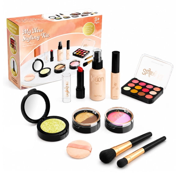 Funtogether Toys Kids Makeup Set, 10-Piece Pretend Makeup Kit with Mirror and Brushes, Gold
