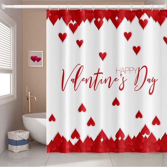 Rideau de Douche Joyeuse Saint-Valentin avec Crochets Vintage Rouge Cœur d'Amour Rideau de Douche pour Saint-Valentin Style Festival Salle de Bain Décoratif Tissu Polyester Imperméable, 72x72 Pouces