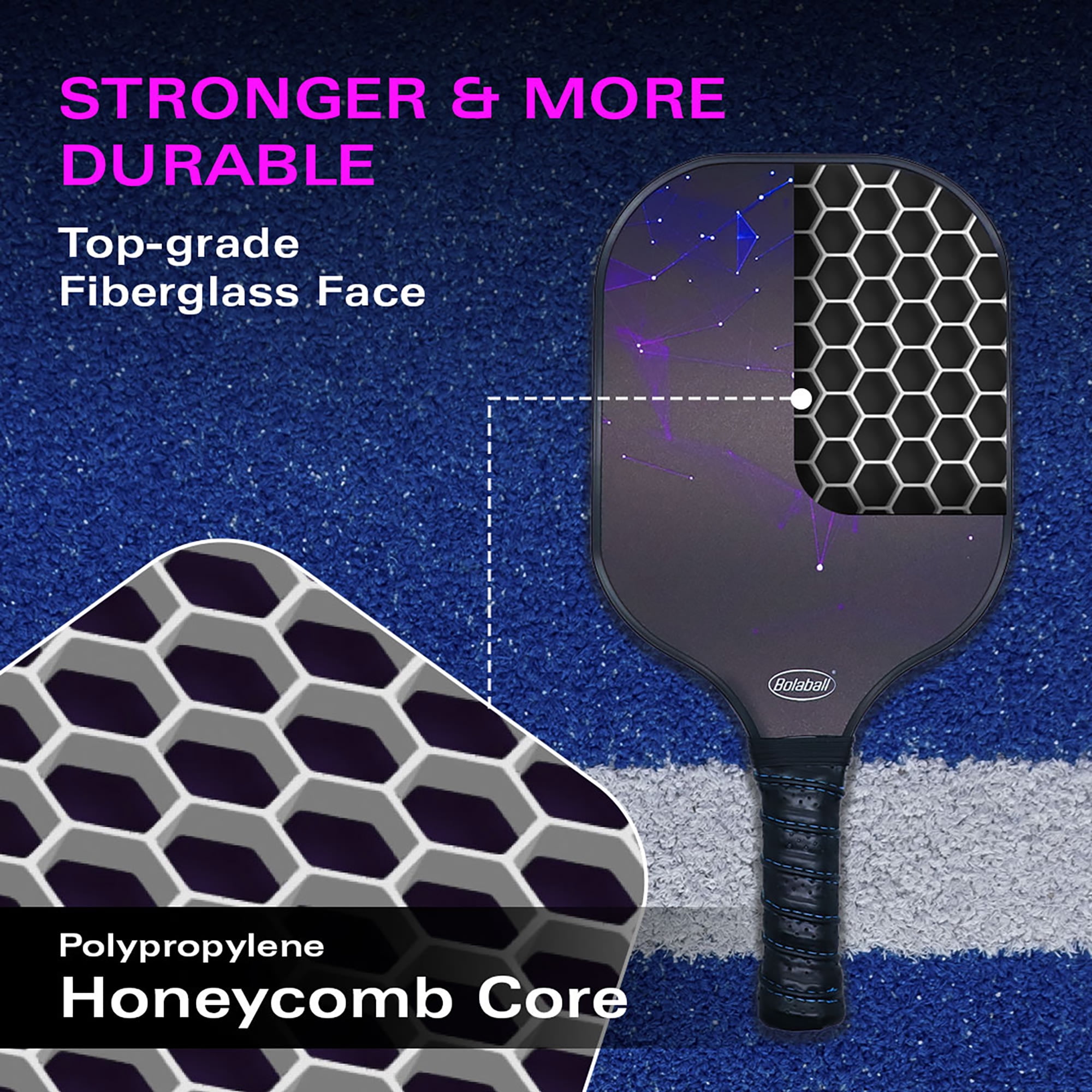 Bolaball: Pickleball Paddle Set - Indoor-Outdoor Complete Game Set, 4 Lightweight Fiberglass Rackets-4 Balls-Carry Bag, Polypropylene Honeycomb Core