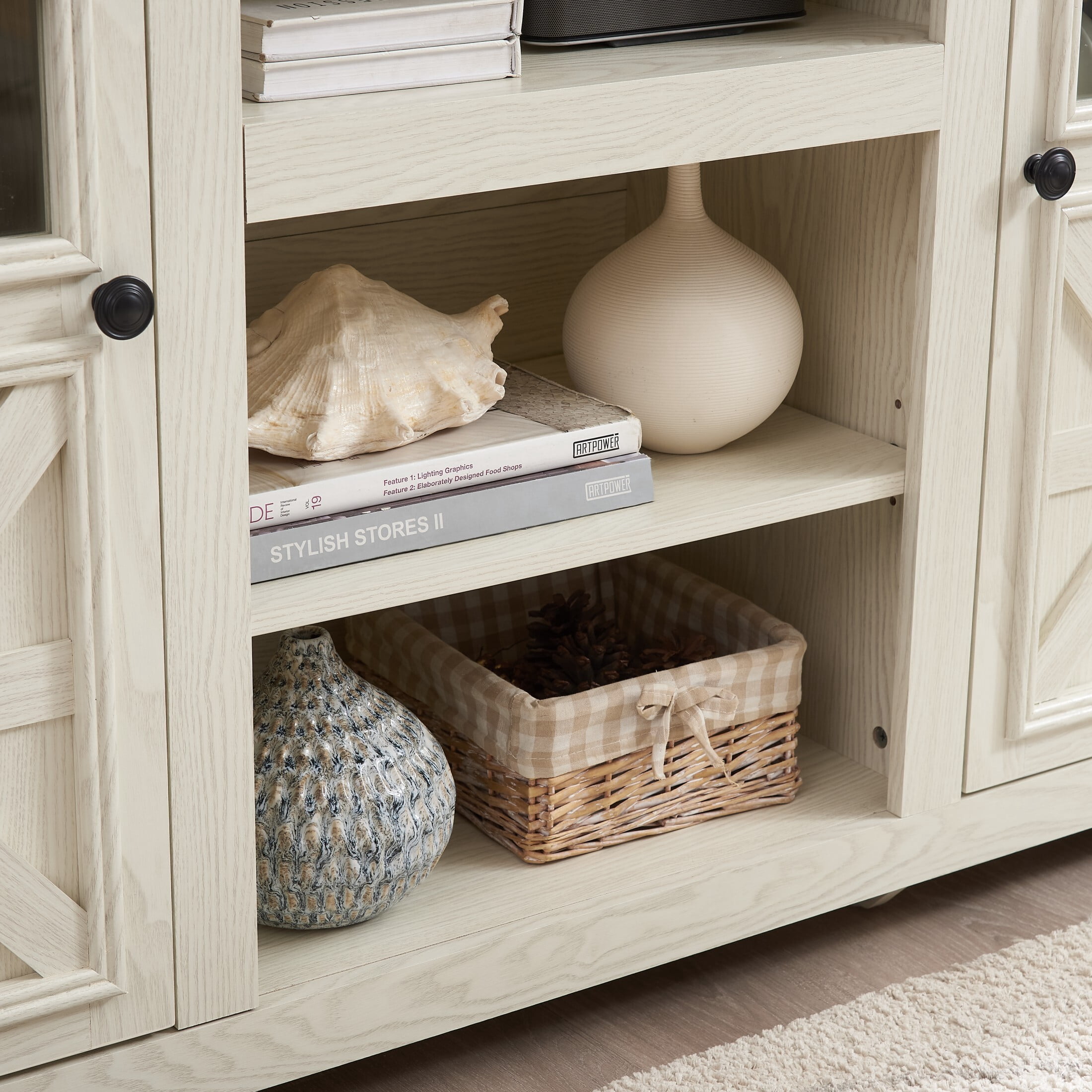 DEALTOPS Farmhouse TV Stand with Spacious Cabinets, Console Table with Adjustable Shelves for TVs Up to 65'', Antique White