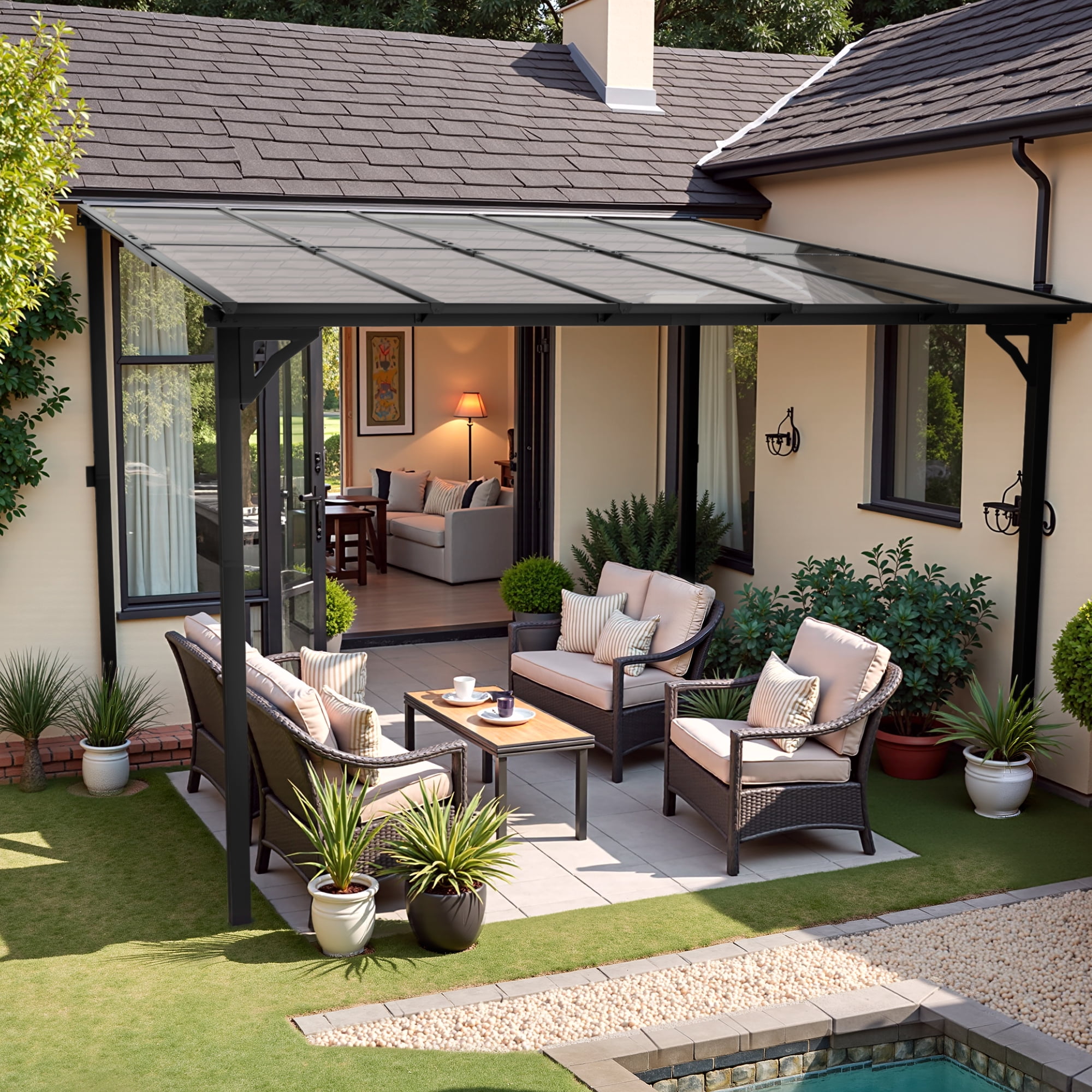 Devoko 10*10 ft Patio Wall-Mount Wall-Free Lean-to Hardtop Pergola Gazebo with Metal Frame and Lean-to Polycarbonate Roof for Backyard and Garden