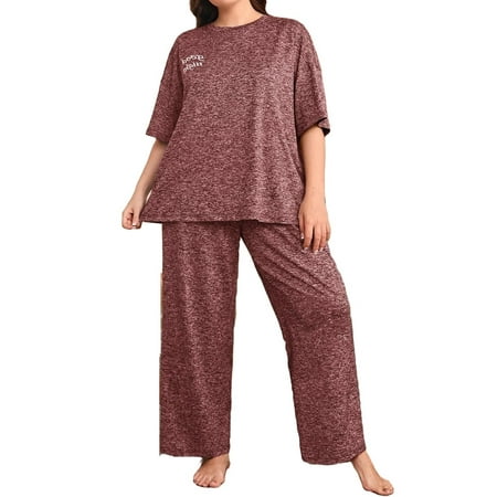 

Casual Slogan Round Neck Pant Sets Redwood Elbow-Length Plus Size Pajama Sets