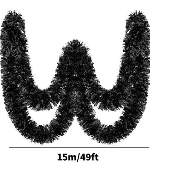50 Feet Black Holiday Tinsel Garland - Metallic Foil Twist Decoration for Indoor Outdoor Party and Wreath Decor.