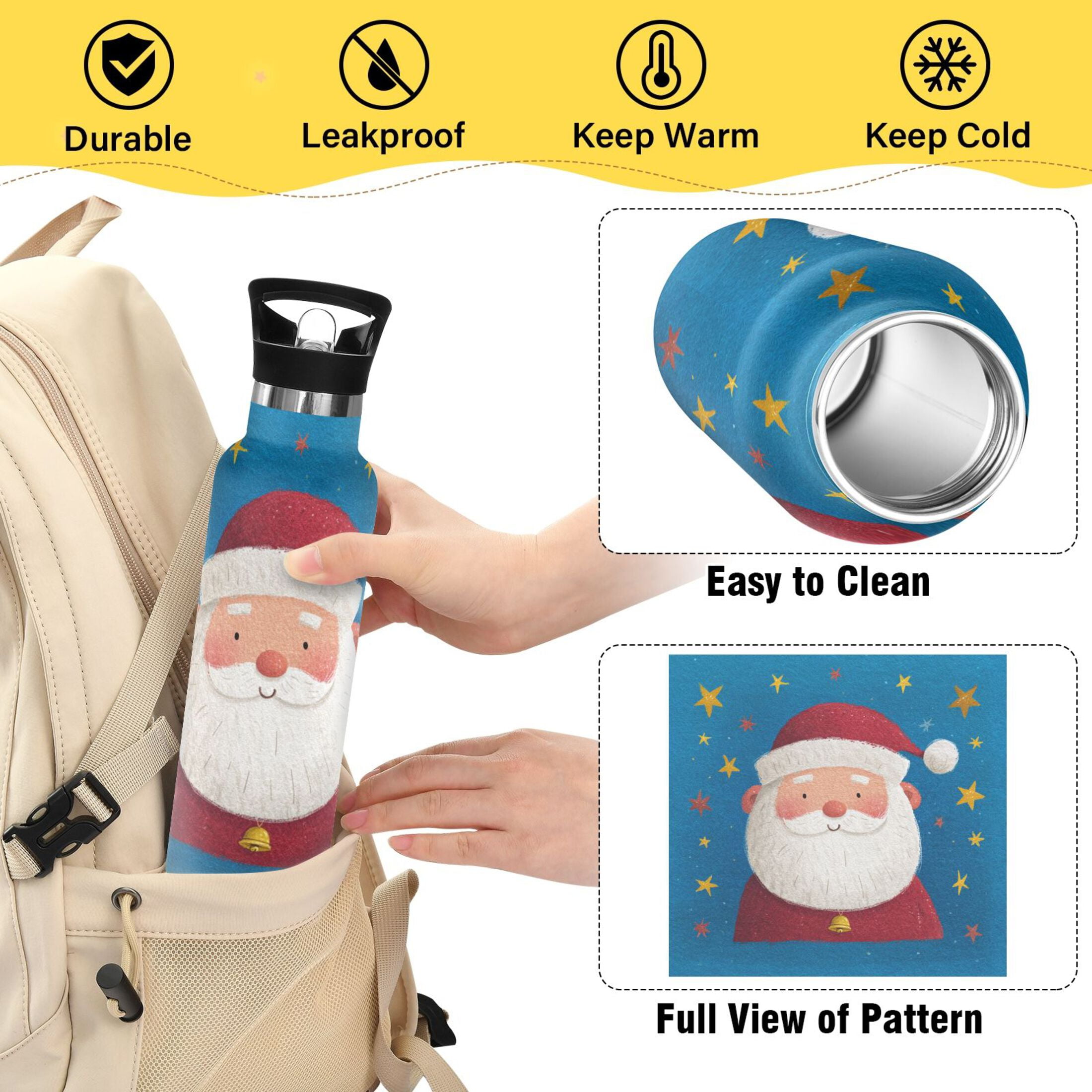 600ML Stainless Steel Insulated Cup Sports Water Bottle Portable Thermos Cup Water Glasses Insulated Tumblers Convenient and Durable Beautiful Cartoon Santa Claus