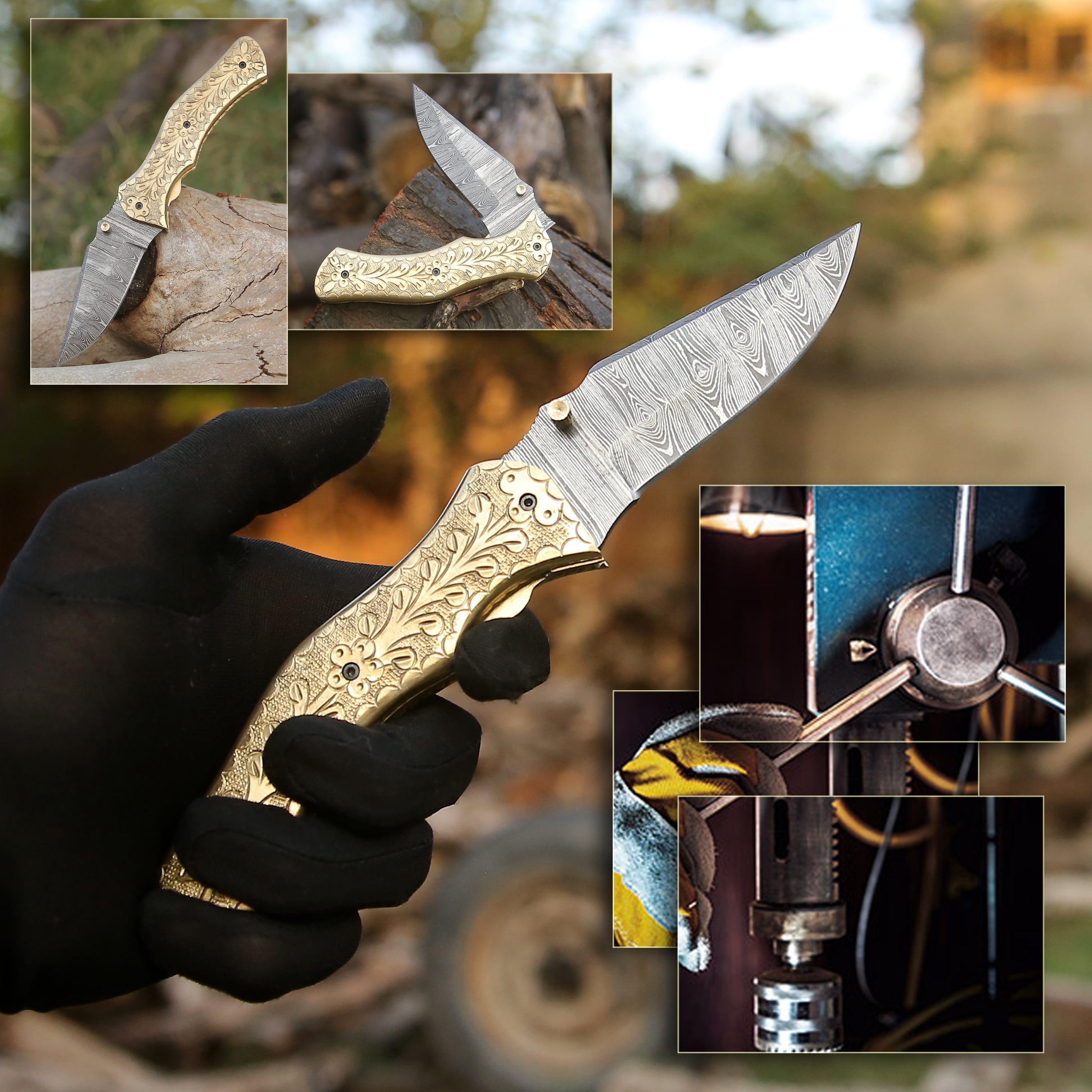 Smart & Sharp Custom Handmade Damascus Steel Fish Knife/Folding Knife/Pocket Knife SS-17513(Brass Engraved Handle)