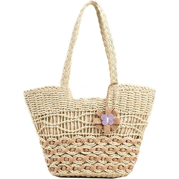 Straw Tote Bag for Women Summer Vacation Beach Handbags Boho Rattan Woven Shoulder Purse Zipper Closure