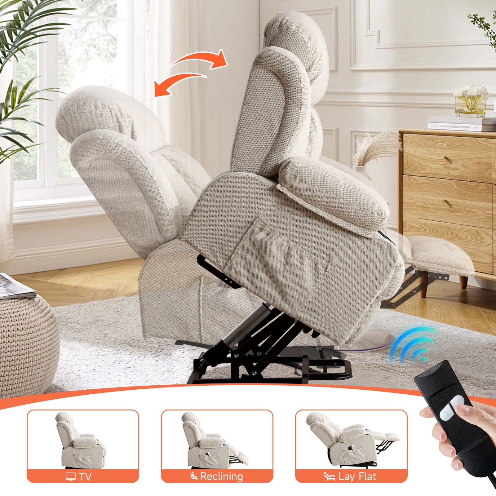 UHOMEPRO Lift Recliner Chair for Elderly and Adult, Electric Recliner with Heat and Vibration Massage, Remote Control, USB Port, Side Pockets & Cup Holders, Beige