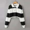 thumbnail image 2 of Striped Crop Tops Women Teens Colorful Button Collar Long Sleeve Loose Pullover Sweatshirt Tee Shirt Sports Casual (XX-Large, Black), 2 of 5