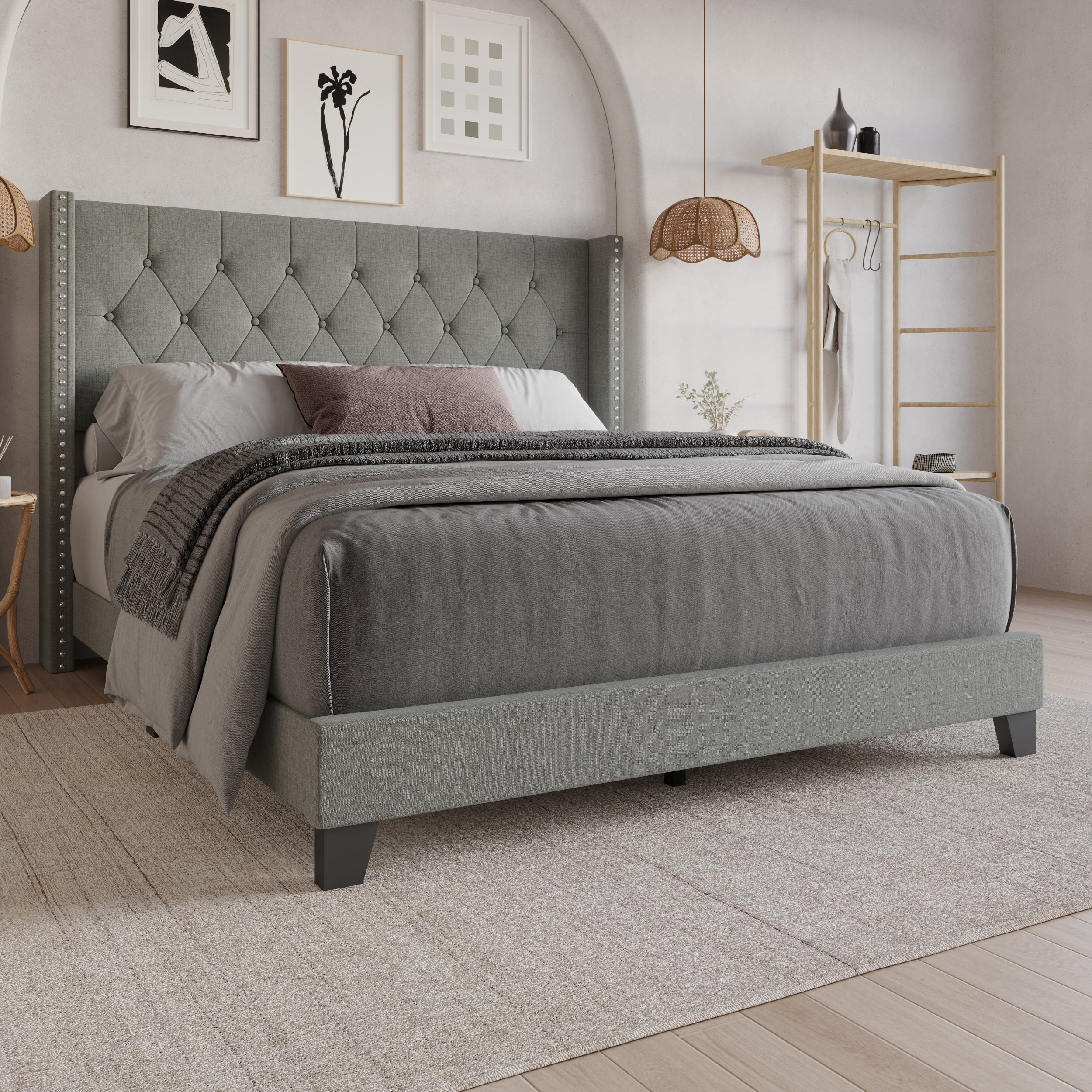Home Design Homer Queen Button-Tufted Wingback Upholstered Panel Bed Frame with Nailhead Trim design for Adult, Gray, Easy Assembly