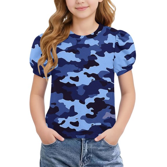 WPPGONE Toddler Girls Camo Tunic T Shirt Puff Short Sleeve Classic Camouflage Print Graphic Tees Crewneck Breathable Activewear Daily Outdoor Sport Play Outfits Apparel