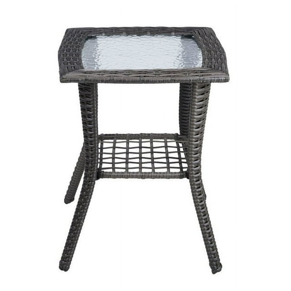 Outdoor Wicker Side Table, Rattan End Table with Glass Top, Patio Coffee Bistro Table for Indoor Garden Porch Balcony, Grey