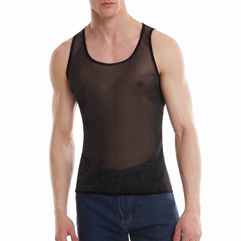 ZenCart Men's Mesh Tank Top Sleeveless Glittery Transparent Vest
