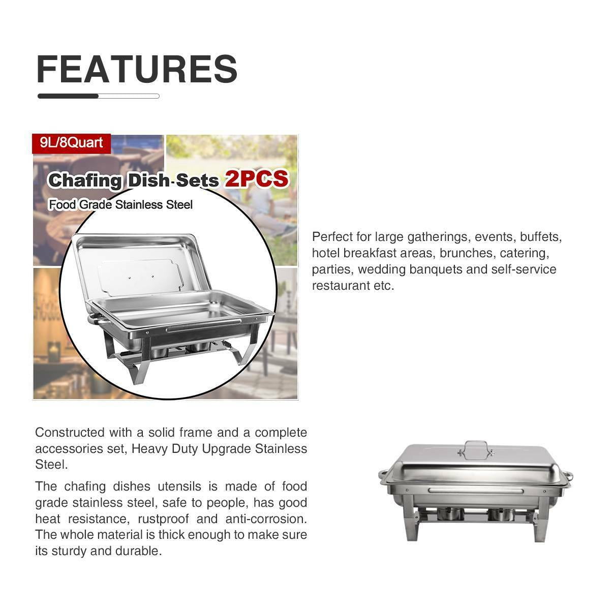 9L/8Q 2Pack Chafer Chafing Dish Sets Pans Stainless Steel Catering Food Warmer