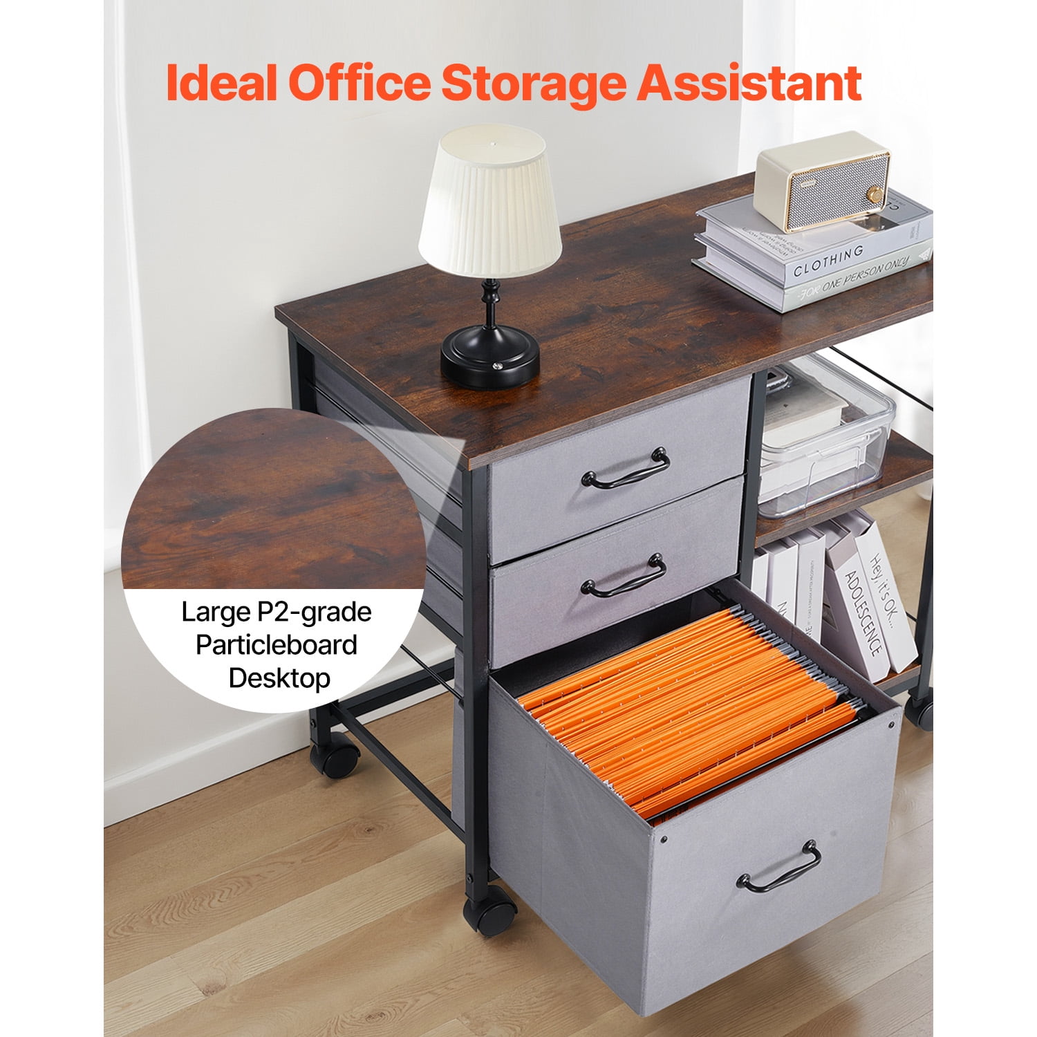 KFFKFF Metal File Cabinet, Mobile Filing Unit with 3 Fabric Drawers and 2 Open Shelves, Wooden Vertical Storage Cabinet with Wheels for Letter, A4, and Legal Size Files, Easy to Assemble, Brown