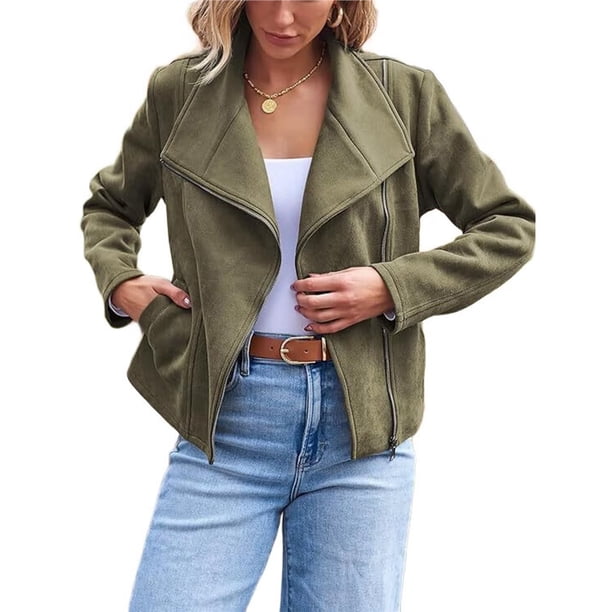 Chaquetas de Piel Sintética para Mujer, Estilo Ante, Ideales para Otoño e Invierno. Abrigo Corto Abierto por Delante. Verde M