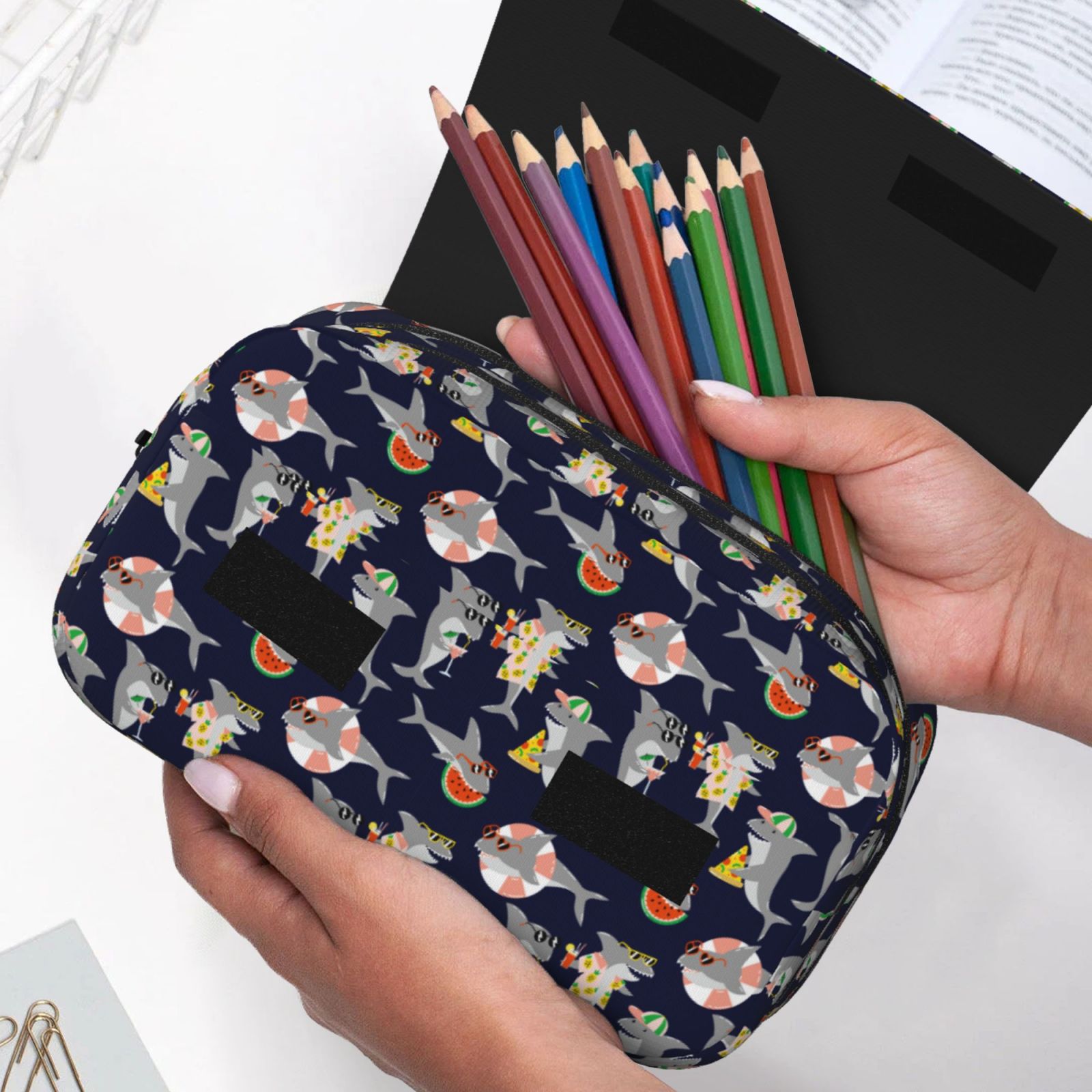 Rateoe Sharks In Sunglasses Pattern Double Clamshell Pen Case, Storage Organizer with Two Zipper Compartments– Holds Up to 50 Pencils & Pens