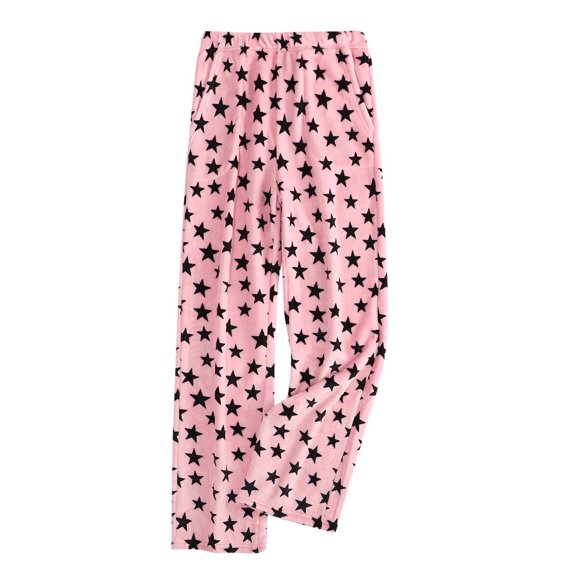 FAZVAOO Women's Fuzzy Pajama Pants Wide Leg Elastic Waistband Print Straight Pants With Side Pockets