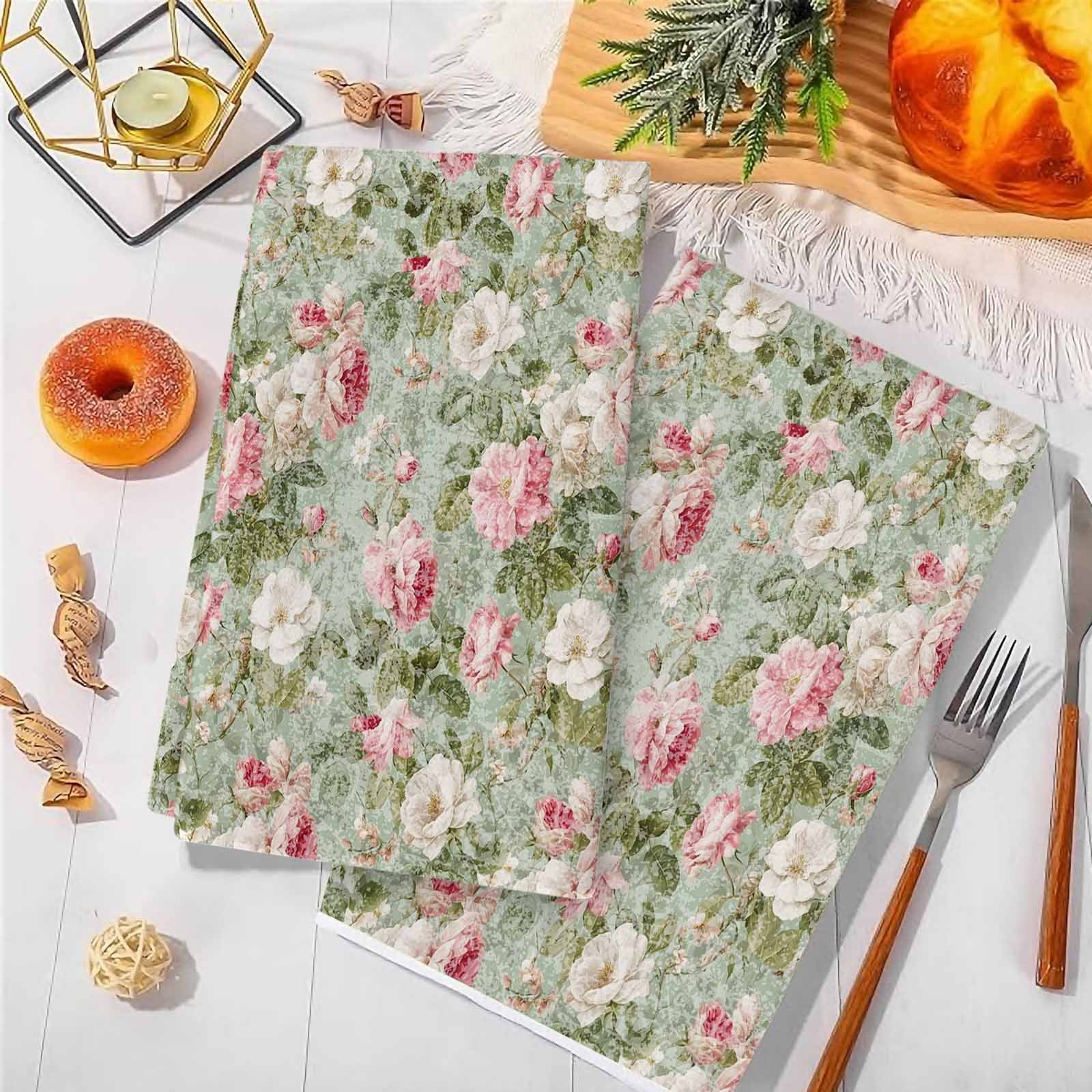 Dish Towels, Pink Bloom Flowers Absorbent Kitchen Towels 2 PCS, Retro Spring Floral Microfiber Hand Towels Dish Cloths Tea Towels for Home&nbsp;Bathroom Cleaning Drying,18X28-Inch,