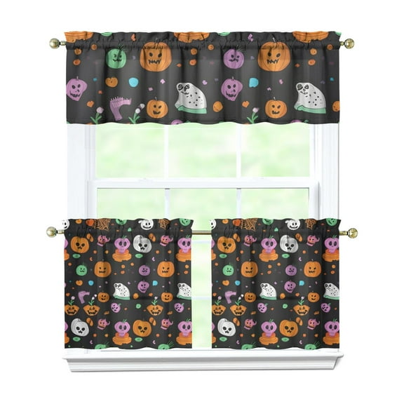 Gothic Halloween Kitchen Curtains Set of 3 - Skeleton Spider Web Print Rod Pocket Short Curtains for Small Windows