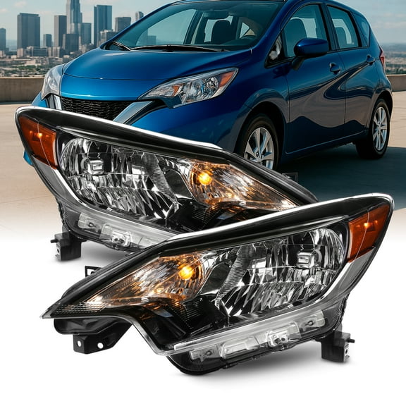 AKKON - Fits 2017 2018 2019 Nissan Versa Note Black Headlight Headlamp Pair Driver Left   Passenger Right 17 18 19