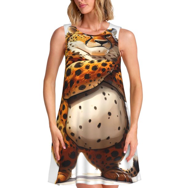Easygdp Cartoon Cheetah With Attitude para Vestido Transpirable de Mujer, Vestido Suelto de Manga Corta con Pliegues y Bolsillos para el Verano
