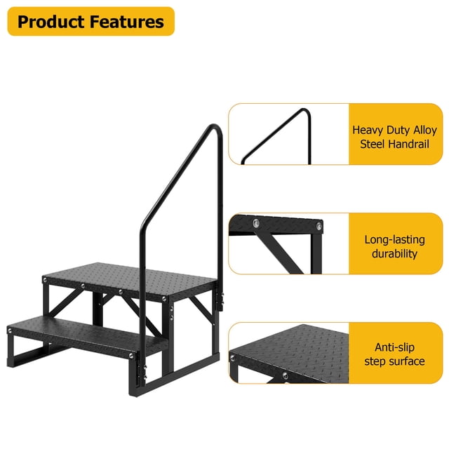 GloryStar RV Steps, RV Stairs with Handrail & Anti-Slip Panel, 660lb Capacity Hot Tub Steps, Portable Trailer Ladder for Mobile Home, Outdoor, Camping, Travel, Porch, SPA, Pool