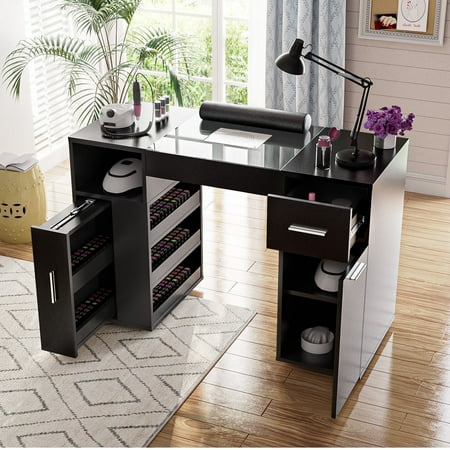 Advwin Manicure Table Nail Desk Station with Dust Collector Glass Top & Wrist Cushion Acetone Resistant Nail Table with Wheels & Storage Cabinet