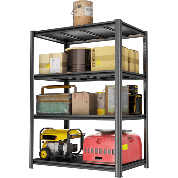 4-Tier Metal Shelving Unit, 2400lbs Adjustable Storage Shelves, Boltless Book Shelf, Shelf Organizer for Kitchen, Living Room, Bathroom, Waterproof Board, 44" H x 32" W x 12" D, Black